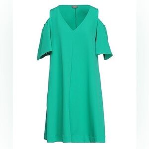 Green V-Neck Dress with cold shoulder sleeves.